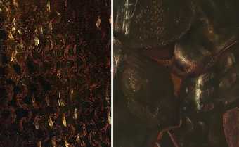 Fig.36 Details of the knight on the central canvas of the first version of Edward Burne-Jones’s The Annunciation and the Adoration of the Magi 1861, showing the chain mail links (left) and rendering of the armour plates (right) © Tate