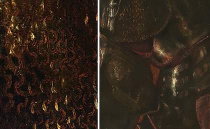 Fig.36 Details of the knight on the central canvas of the first version of Edward Burne-Jones’s The Annunciation and the Adoration of the Magi 1861, showing the chain mail links (left) and rendering of the armour plates (right) © Tate