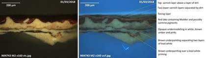 Fig.39 Cross-sections of paint from an attendant’s crimson robe in the central panel of the first version of Edward Burne-Jones’s The Annunciation and the Adoration of the Magi 1861in visible (left) and ultraviolet (right) light © Tate