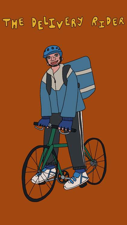 a digtial drawig of a person riding a bike, the words 'the delivery rider' is above them