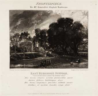 A white page with a black and white printed image featuring a landscape with trees in dark tones, a road, bench and figure, and clouds at the top. Lettering indicates that it is a frontispiece to Constable’s English Landscape with a view of East Bergholt