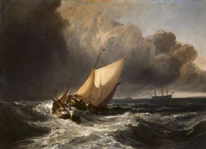 A detailed painting of wooden sailing boats being tossed on large, frothing waves. The sky transitions from almost black on the left to brighter on the right and larger boats are visible on the horizon.