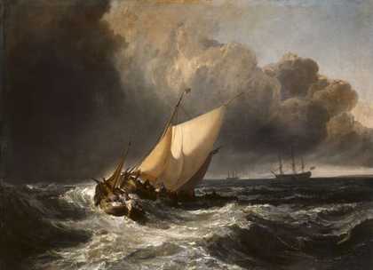 A detailed painting of wooden sailing boats being tossed on large, frothing waves. The sky transitions from almost black on the left to brighter on the right and larger boats are visible on the horizon.