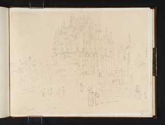 A pencil drawing with Cologne Cathedral at the centre and less detailed houses on either side and figures walking in the street in the foreground.