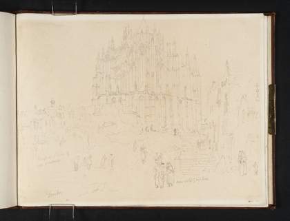 A pencil drawing with Cologne Cathedral at the centre and less detailed houses on either side and figures walking in the street in the foreground.