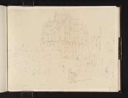 A pencil drawing with Cologne Cathedral at the centre and less detailed houses on either side and figures walking in the street in the foreground.