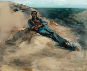 Painted portrait of a person lying in a landscape