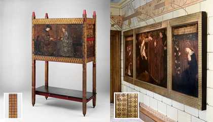 Fig.3 Left: The Backgammon Players Cabinet 1861, designed by Philip Webb and painted by Edward Burne-Jones (Metropolitan Museum of Art, New York); right: the second version of The Annunciation (photo © Alastair Johnson). The inset details in both images s