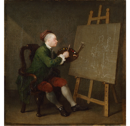 A person sits on a chair holding a paintbrush and palette up to a canvas positioned on an easel