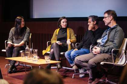 Photograph of Sook-Kyung Lee, Cécile B. Evans, Haroon Mirza and Stephen Vitiello in discussion onstage
