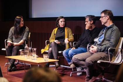 Photograph of Sook-Kyung Lee, Cécile B. Evans, Haroon Mirza and Stephen Vitiello in discussion onstage