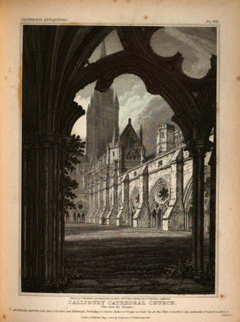 ​​​​​​​A black and white print showing the side of a cathedral and its spire framed by an ornate archway and foliage.