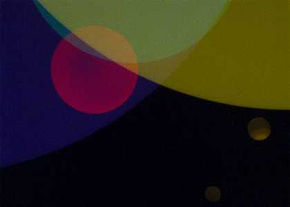 film still from 99 Clerkenwell Road, coloured circles overlapped on a black background