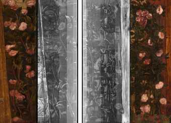 Fig.43 Details of roses from the left and canvases of the first version of Edward Burne-Jones’s The Annunciation and the Adoration of the Magi 1861 (far left and right) and their corresponding X-radiographs (left and right centre) © Tate