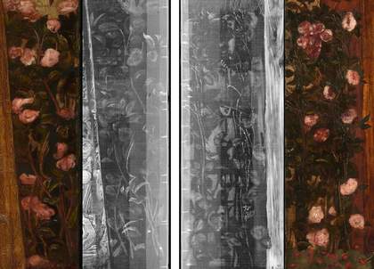 Fig.43 Details of roses from the left and canvases of the first version of Edward Burne-Jones’s The Annunciation and the Adoration of the Magi 1861 (far left and right) and their corresponding X-radiographs (left and right centre) © Tate