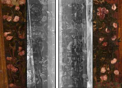 Fig.43 Details of roses from the left and canvases of the first version of Edward Burne-Jones’s The Annunciation and the Adoration of the Magi 1861 (far left and right) and their corresponding X-radiographs (left and right centre) © Tate