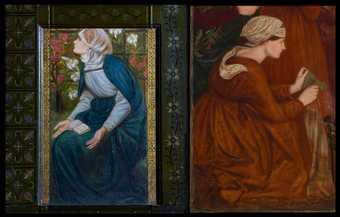 Fig.44 Detail (left) from Dante Gabriel Rossetti’s furnishing of St. Martin-on-the-Hill, Scarborough, and (right) an attendant from the middle canvas of Edward Burne-Jones’s The Annunciation and the Adoration of the Magi 1861, first version Right image ©