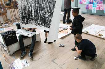 Students playing with drawing and sound machines at the Greenwich Community Schools Partnership 'To-ing & Fro-ing' exhibition, Blackheath Conservatoire, July 2019