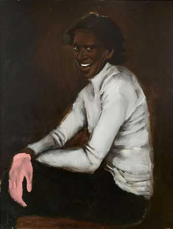 Painted portrait of a person wearing one pink glove