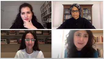 Screenshot with four people arranged in a grid as on an online conference call