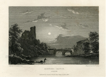 A black and white print showing a river with a bridge, a castle and trees, and a house on the right, sun and clouds visible in the background and a figure standing in the river. Lettering indicates that it is a view of Barnard Castle in Durham