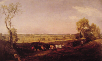 Painting of a flat green landscape with fields. A farmer leads a line of cattle in the foreground between a trees on the left and right of the work.