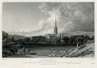 A black and white print showing a meadow surrounded by trees and occupied by sheep, with a figure seated on a horse and cart in the foreground and Salisbury Cathedral in the background with a cloudy sky above.