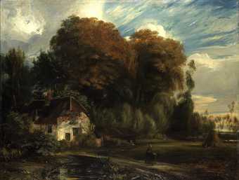 Painting of a white cottage on the edge of a forest. A woman and a donkey stand on a path leading towards the cottage, while beyond them is a field with a haystack. In the foreground is a pond.