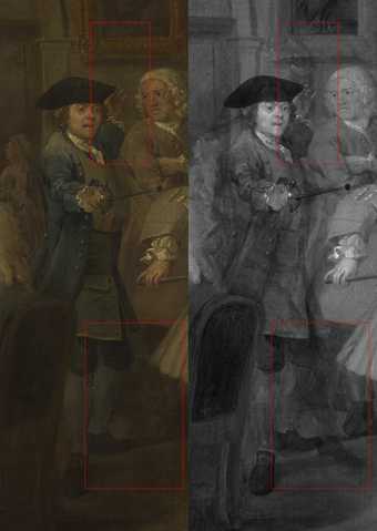 Two versions of the same detail showing alterations to the position of one figure’s arm and leg