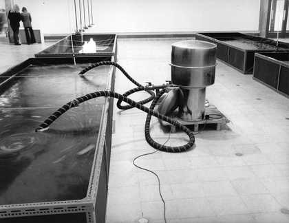 Installation shot showing Newton Harrison, Portable Fish Farm: Survival Piece #3 1971 in 11 Los Angeles Artists, Hayward Gallery, London 1971