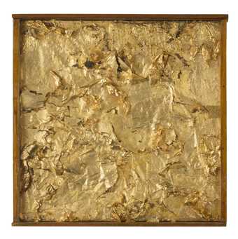 Robert Rauschenberg, Untitled (Gold Painting) 1955. Gold leaf on fabric, newspaper, and glue on canvas, in wood-and-glass frame, 34.9 x 33.7 x 4.4 cm © Robert Rauschenberg Foundation