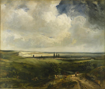 Painting of a distant city with spires rising from its centre, set distantly in a flat landscape of fields under a cloudy sky.