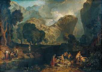 Painting with figures in sunlight on either side of a stream in the foreground. Most of the work consists of the landscape behind, with dark green trees and strange cliffs apparently covered in grass.