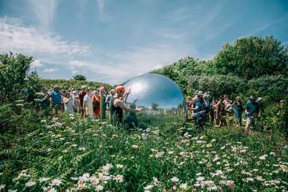 photograph of a large Silver Ball in amongst wildflowers with people stood around