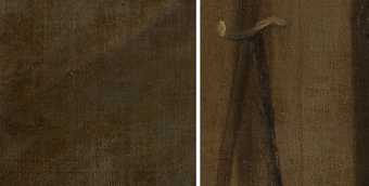 Two details, both brown, showing fine lines in the paint