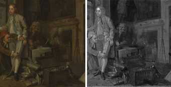 Two versions of the same detail, revealing an earlier composition