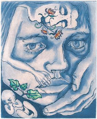 A blue toned etching showing a close-up of a woman's face. At the top, another woman leans across and embraces the woman's forehead. In the bottom left, a baby sprouts a plant from its umbilical cord.