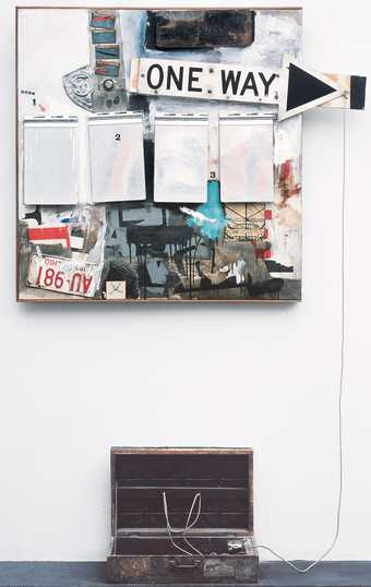 Robert Rauschenberg, Black Market, 1961. Combine: oil, watercolor, pencil, paper, fabric, newspaper, printed paper, printed reproductions, wood, metal, tin, and four metal clipboards on canvas with rope, rubber stamp, ink pad, and various objects in wood 