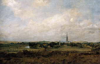 A painting of a landscape featuring hills, trees, meadows, a section of a river, and Salisbury Cathedral and other buildings in the distance.