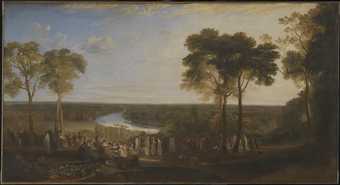 Painting where a line of figures stand on a hill between trees in the foreground, with a broad river stretching towards the horizon behind them. The sky is blue, with small clouds.