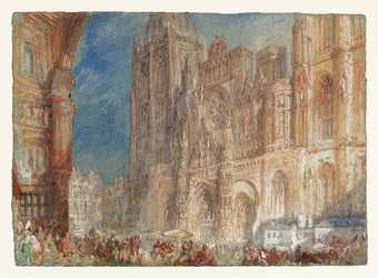 Watercolour painting of Rouen Cathedral in light colours with crowds of people in the square.
