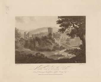 A yellowish-white page with a black and white printed image of a large castle and trees set into its centre. Lettering below the image gives details including the title and author of the print.