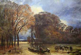 Painting with a line of autumnal trees enclosing a flooded field. In the centre foreground three men gather floating objects into a boat, while on the right a horse and cart with a driver stands in the water.