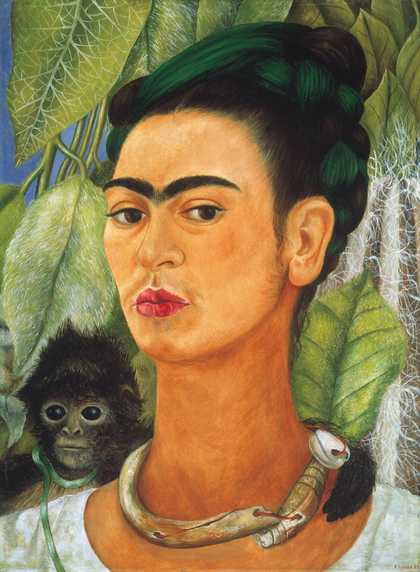 Self-portrait of Frida Kahlo with a monkey on her shoulder