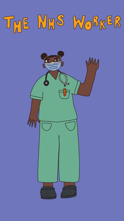 a digital drawing of a person in scrubs waving. The words above them say 'the nhs worker'