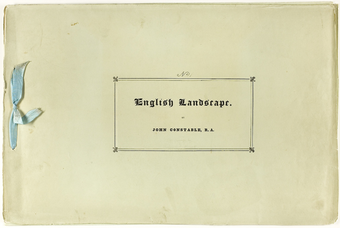 The cover of a yellowish-white, horizontally oriented portfolio, with the title and author of the work printed in the centre and a pale blue ribbon binding visible on the left side.