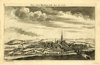 A black and white print of a landscape featuring hills, trees, meadows, a cloudy sky, and Salisbury Cathedral and rows of houses in the distance.