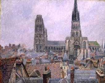 Painting of grey and brown rooves in a city, leading towards a cathedral with two towers under a grey sky.