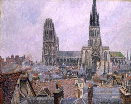 Painting of grey and brown rooves in a city, leading towards a cathedral with two towers under a grey sky.