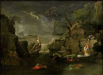 Painting of a flood scene at night, illuminated by moonlight and flashes of lightning in the sky. Figures climb on rocky outcrops or struggle to reach a boat while the waters rise all around.